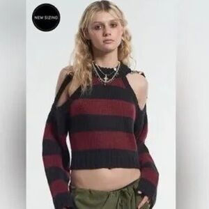 Chic Off-the-Shoulder Black and Red Sweater